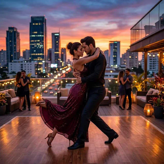 Pareja bailando bachata con una conexión emocional intensa