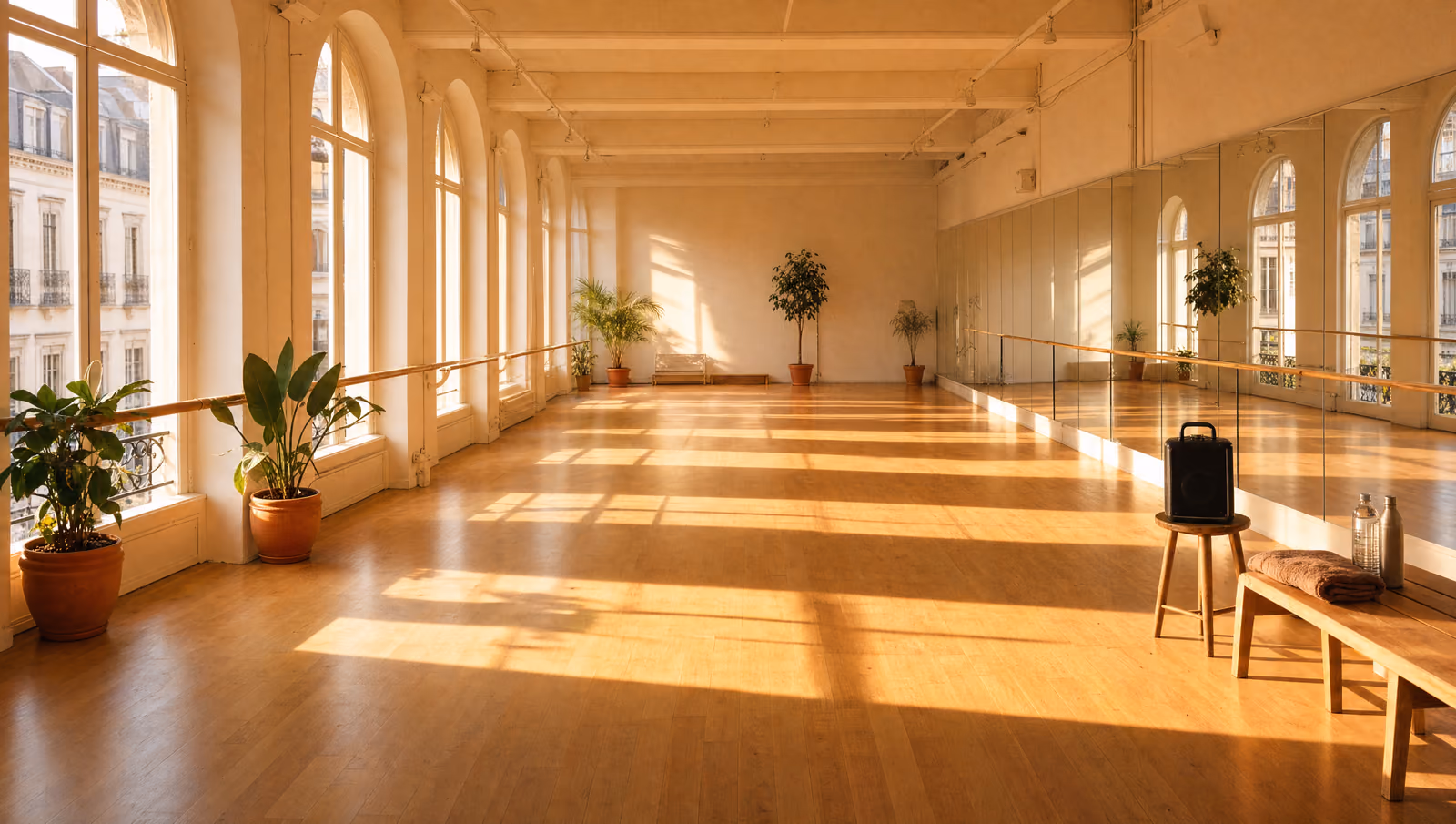 Amplio estudio de danza parisino al final del día: el sol bajo entra por altos ventanales de arco y dibuja franjas de luz sobre el parquet claro, frente a una pared de espejos y una barra de madera.
